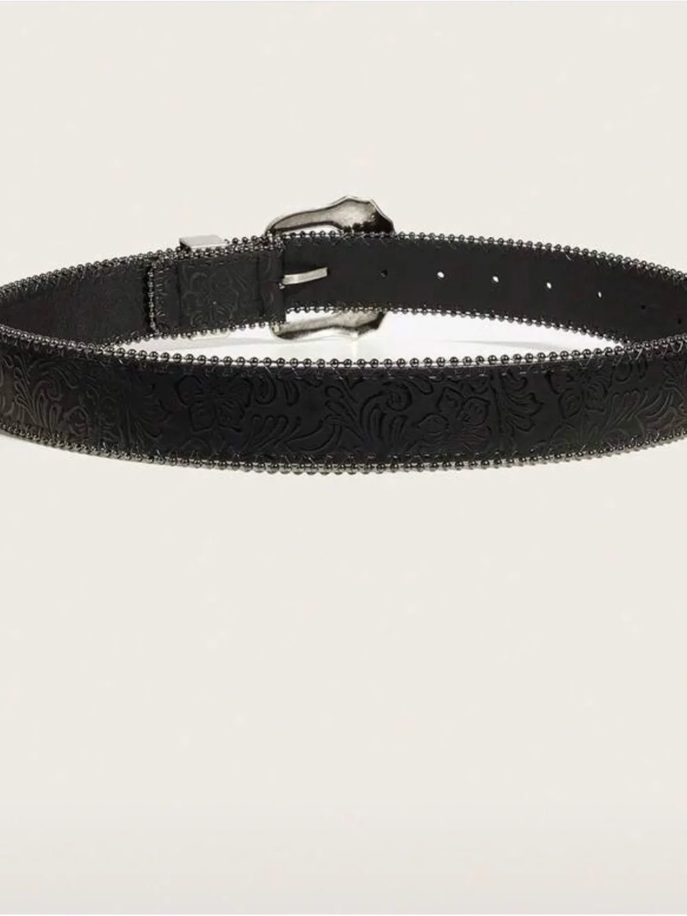 Black Western Faux Leather Belt with Floral Silver Buckle Detail